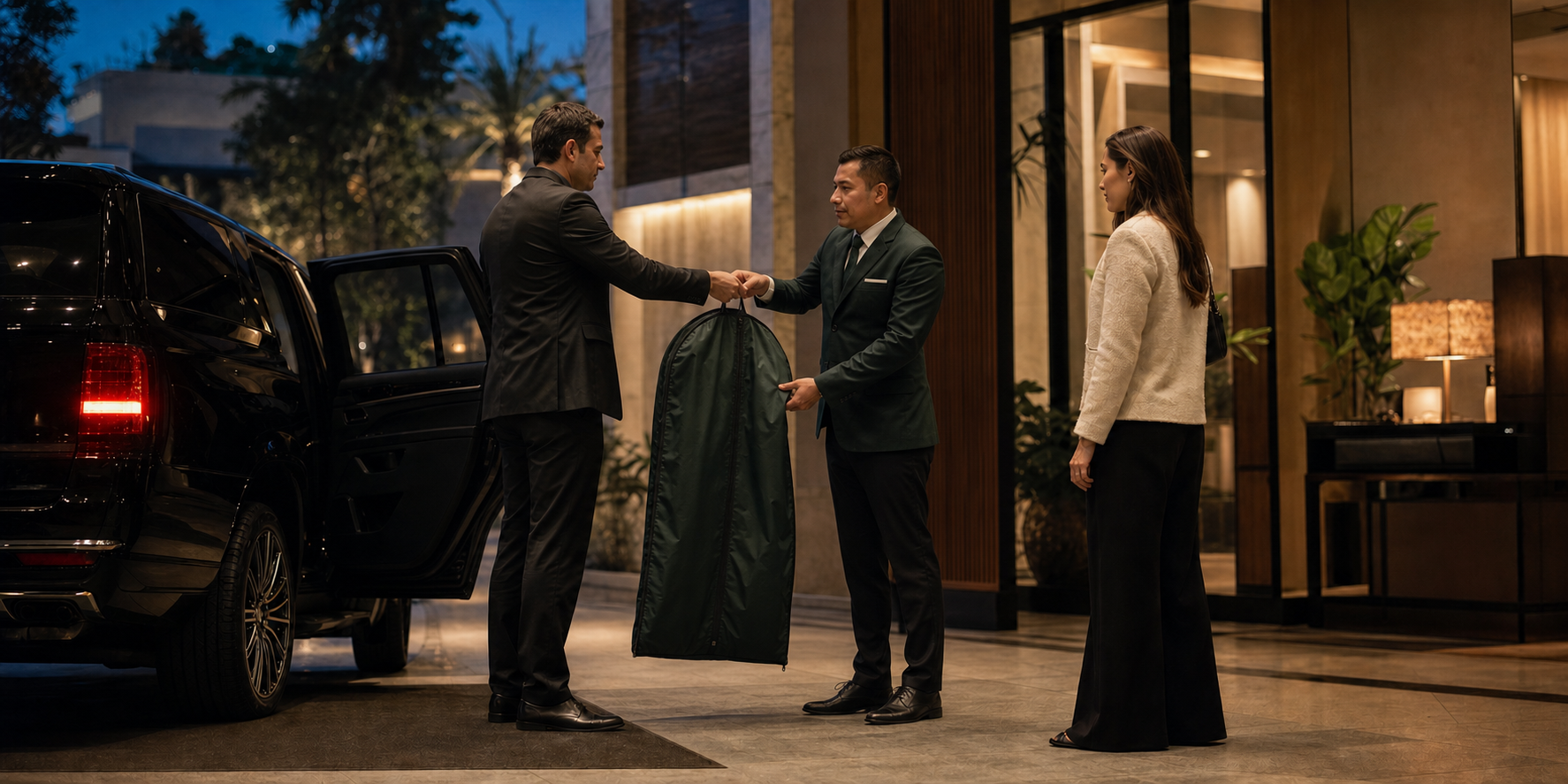 A verified garment handoff from courier to hotel concierge with the client present